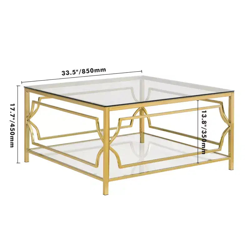 Modern Glass Coffee Table with Lower Shelf, Square Gold Center Table with Storage for Living Room