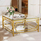 Modern Glass Coffee Table with Lower Shelf, Square Gold Center Table with Storage for Living Room