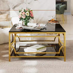Modern Glass Coffee Table with Lower Shelf, Square Gold Center Table with Storage for Living Room