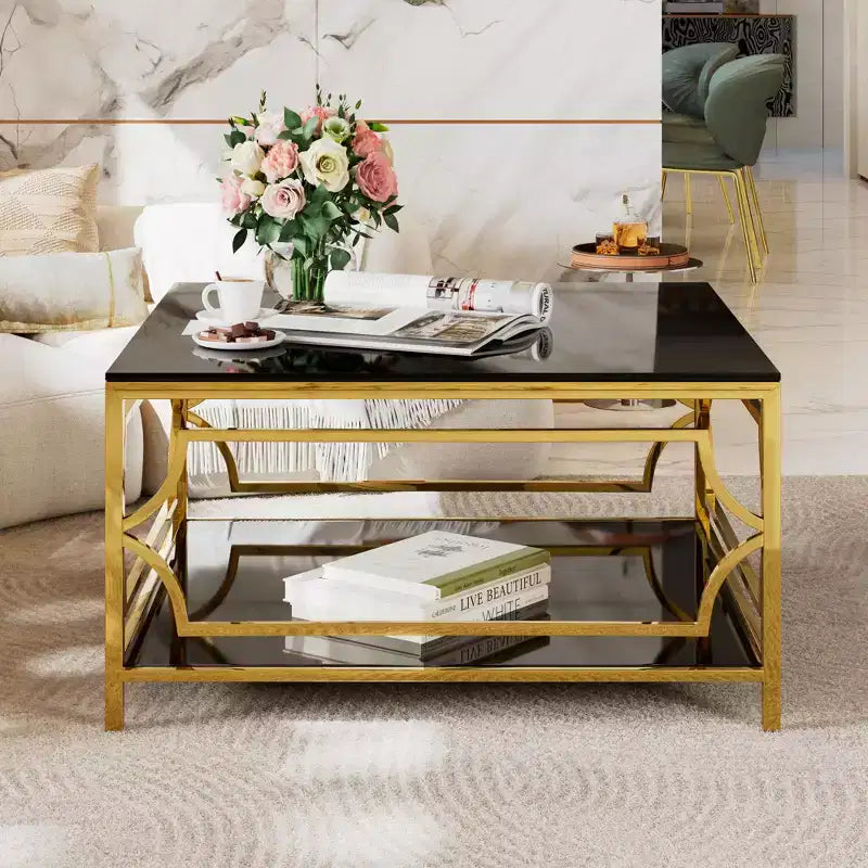 Modern Glass Coffee Table with Lower Shelf, Square Gold Center Table with Storage for Living Room