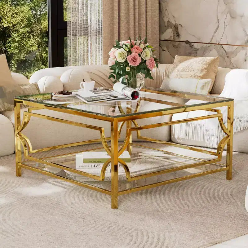 Modern Glass Coffee Table with Lower Shelf, Square Gold Center Table with Storage for Living Room