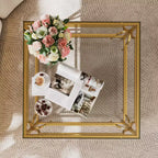 Modern Glass Coffee Table with Lower Shelf, Square Gold Center Table with Storage for Living Room
