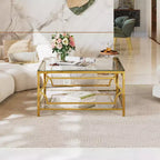 Modern Glass Coffee Table with Lower Shelf, Square Gold Center Table with Storage for Living Room