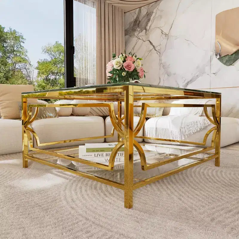 Modern Glass Coffee Table with Lower Shelf, Square Gold Center Table with Storage for Living Room