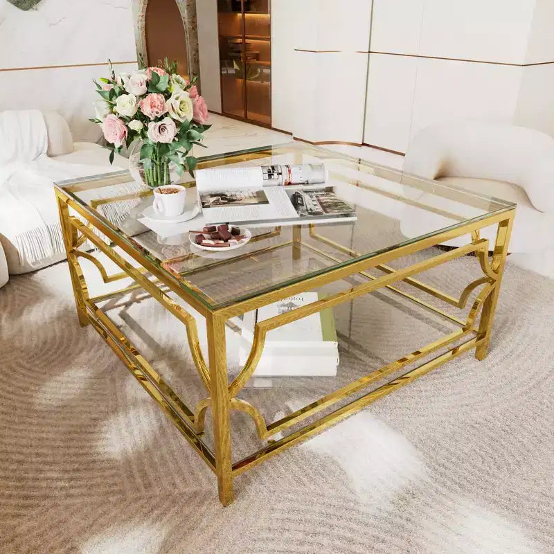 Modern Glass Coffee Table with Lower Shelf, Square Gold Center Table with Storage for Living Room