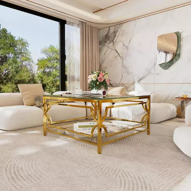 Modern Glass Coffee Table with Lower Shelf, Square Gold Center Table with Storage for Living Room