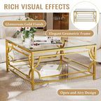 Modern Glass Coffee Table with Lower Shelf, Square Gold Center Table with Storage for Living Room