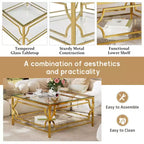 Modern Glass Coffee Table with Lower Shelf, Square Gold Center Table with Storage for Living Room