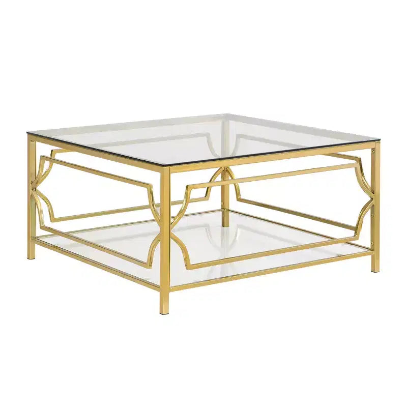 Modern Glass Coffee Table with Lower Shelf, Square Gold Center Table with Storage for Living Room