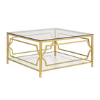 Modern Glass Coffee Table with Lower Shelf, Square Gold Center Table with Storage for Living Room