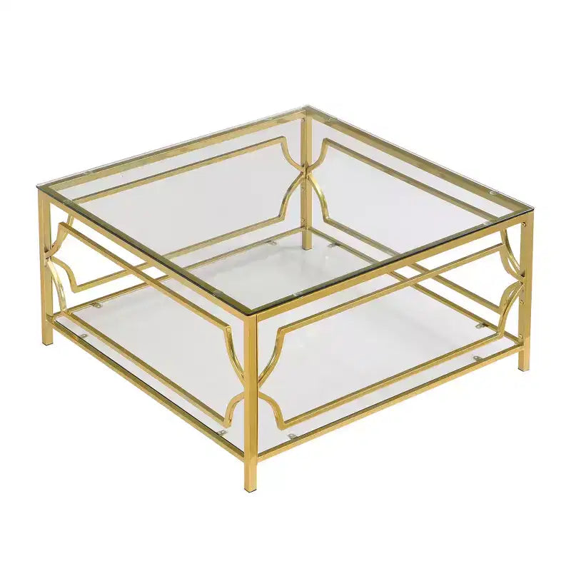 Modern Glass Coffee Table with Lower Shelf, Square Gold Center Table with Storage for Living Room