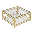 Modern Glass Coffee Table with Lower Shelf, Square Gold Center Table with Storage for Living Room