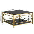 Modern Glass Coffee Table with Lower Shelf, Square Gold Center Table with Storage for Living Room