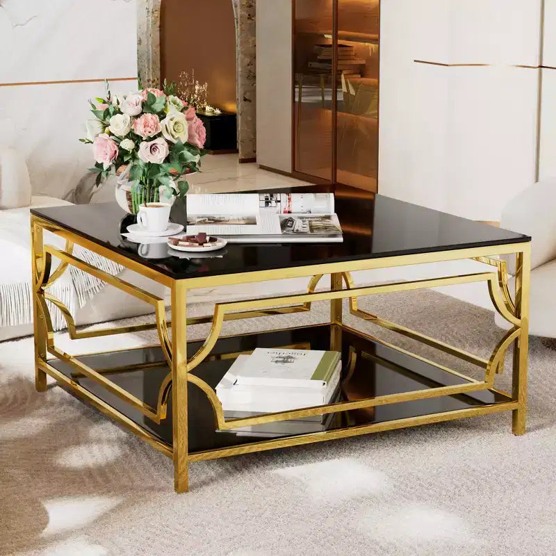 Modern Glass Coffee Table with Lower Shelf, Square Gold Center Table with Storage for Living Room