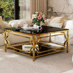 Modern Glass Coffee Table with Lower Shelf, Square Gold Center Table with Storage for Living Room
