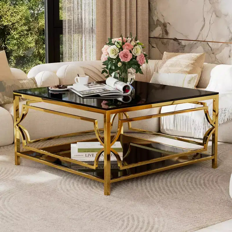 Modern Glass Coffee Table with Lower Shelf, Square Gold Center Table with Storage for Living Room