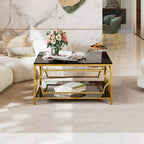 Modern Glass Coffee Table with Lower Shelf, Square Gold Center Table with Storage for Living Room