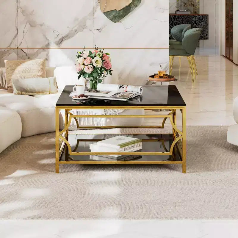 Modern Glass Coffee Table with Lower Shelf, Square Gold Center Table with Storage for Living Room
