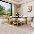 Modern Glass Coffee Table with Lower Shelf, Square Gold Center Table with Storage for Living Room