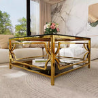 Modern Glass Coffee Table with Lower Shelf, Square Gold Center Table with Storage for Living Room