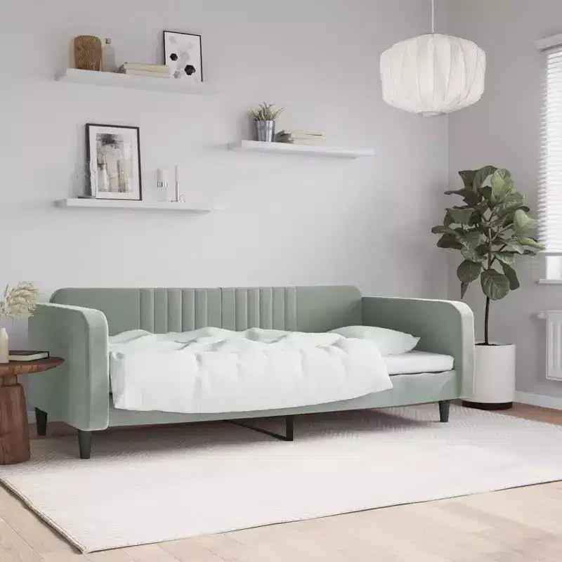 Day Bed Light Grey Velvet, Metal, Plywood, Solid Wood Twin