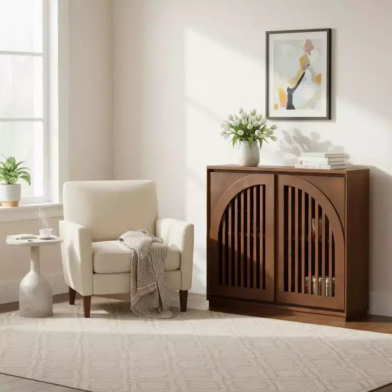 Homy Casa Solid Wood & MDF Storage Cabinet with Dual Slatted Doors for Entryway, Living Room  Brown