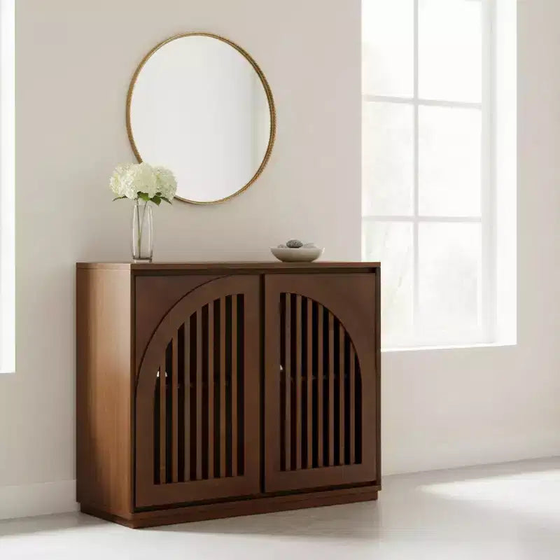 Homy Casa Mobile Contenitore in Legno Massello e MDF con Doppie Ante a Doghe per Ingresso, Soggiorno - Marrone