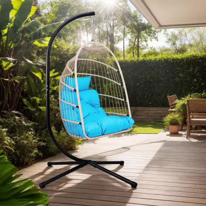 Okak Sedia a Uovo da Esterno con Supporto, Sedia Sospesa con Sedile in Rattan, Sedie da Portico con Cuscini per Cortile, Giardino, Patio