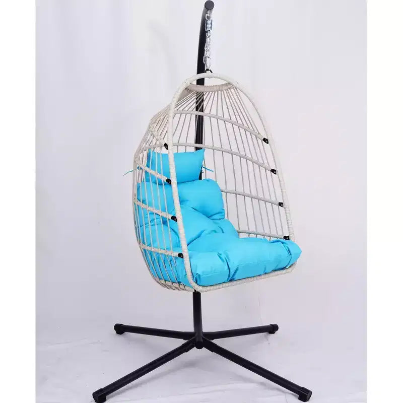 Okak Sedia a Uovo da Esterno con Supporto, Sedia Sospesa con Sedile in Rattan, Sedie da Portico con Cuscini per Cortile, Giardino, Patio