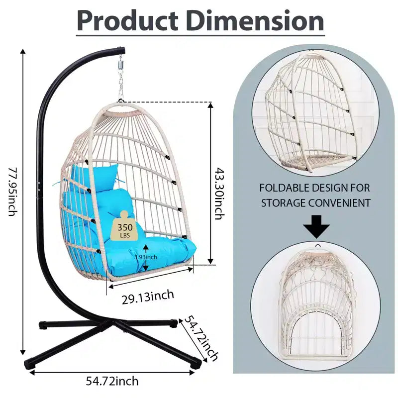 Okak Sedia a Uovo da Esterno con Supporto, Sedia Sospesa con Sedile in Rattan, Sedie da Portico con Cuscini per Cortile, Giardino, Patio