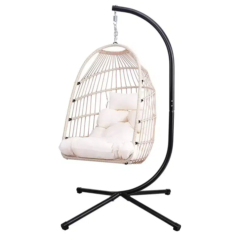 Okak Sedia a Uovo da Esterno con Supporto, Sedia Sospesa con Sedile in Rattan, Sedie da Portico con Cuscini per Cortile, Giardino, Patio
