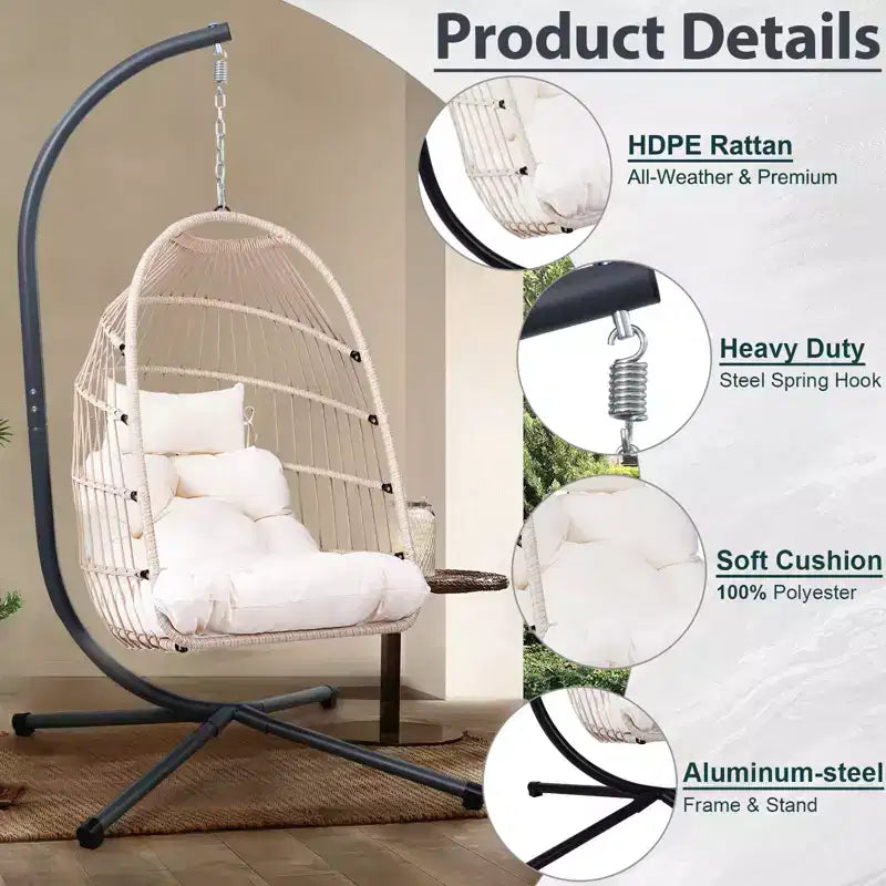 Okak Sedia a Uovo da Esterno con Supporto, Sedia Sospesa con Sedile in Rattan, Sedie da Portico con Cuscini per Cortile, Giardino, Patio