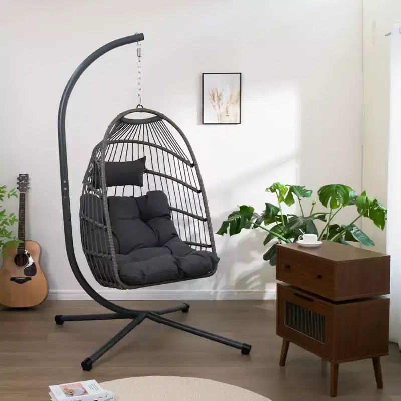 Okak Sedia a Uovo da Esterno con Supporto, Sedia Sospesa con Sedile in Rattan, Sedie da Portico con Cuscini per Cortile, Giardino, Patio