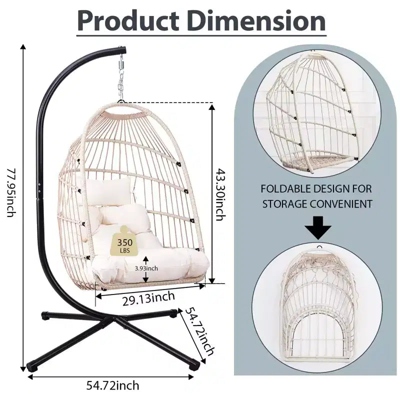 Okak Sedia a Uovo da Esterno con Supporto, Sedia Sospesa con Sedile in Rattan, Sedie da Portico con Cuscini per Cortile, Giardino, Patio