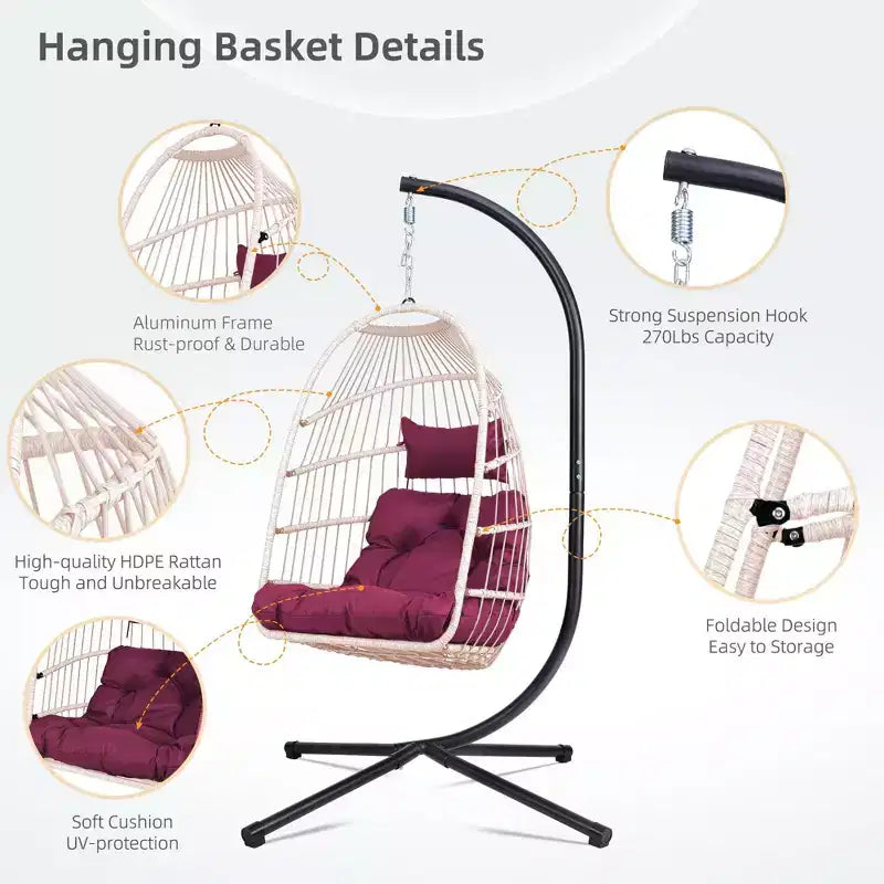 Okak Sedia a Uovo da Esterno con Supporto, Sedia Sospesa con Sedile in Rattan, Sedie da Portico con Cuscini per Cortile, Giardino, Patio