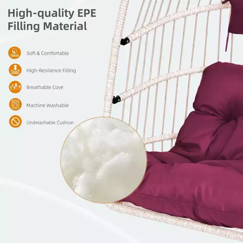Okak Sedia a Uovo da Esterno con Supporto, Sedia Sospesa con Sedile in Rattan, Sedie da Portico con Cuscini per Cortile, Giardino, Patio