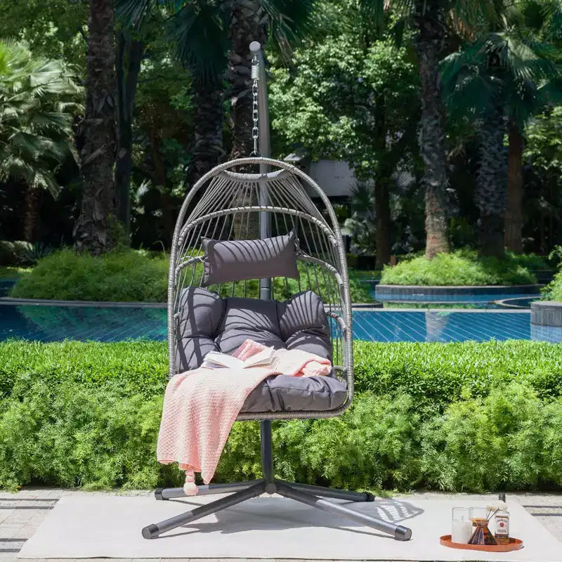 Okak Sedia a Uovo da Esterno con Supporto, Sedia Sospesa con Sedile in Rattan, Sedie da Portico con Cuscini per Cortile, Giardino, Patio