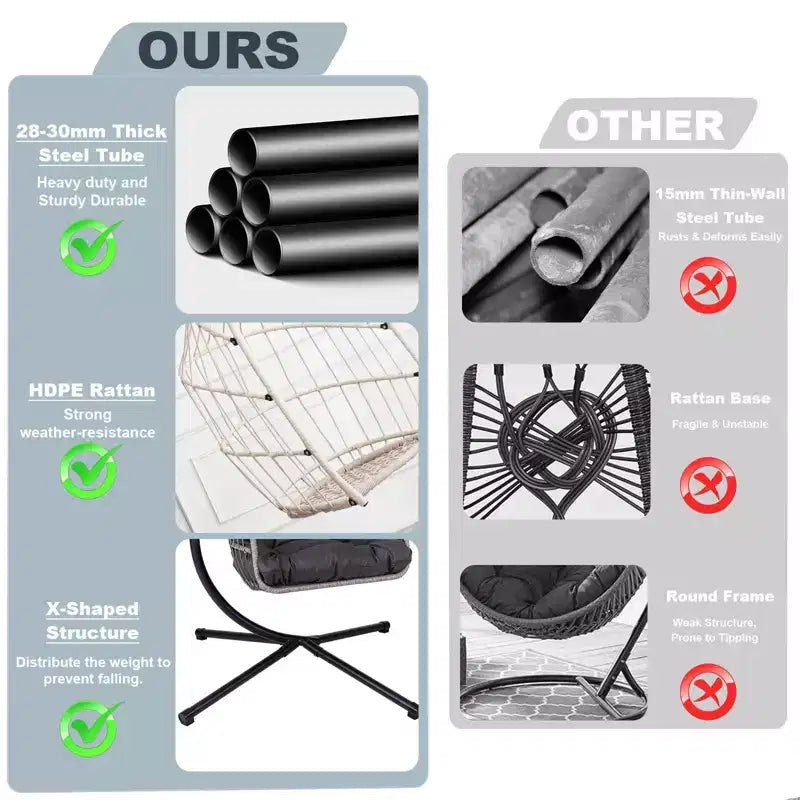 Okak Sedia a Uovo da Esterno con Supporto, Sedia Sospesa con Sedile in Rattan, Sedie da Portico con Cuscini per Cortile, Giardino, Patio