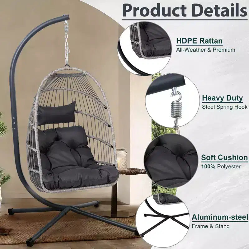Okak Sedia a Uovo da Esterno con Supporto, Sedia Sospesa con Sedile in Rattan, Sedie da Portico con Cuscini per Cortile, Giardino, Patio