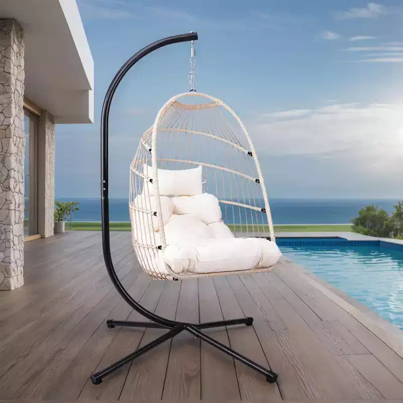 Okak Sedia a Uovo da Esterno con Supporto, Sedia Sospesa con Sedile in Rattan, Sedie da Portico con Cuscini per Cortile, Giardino, Patio