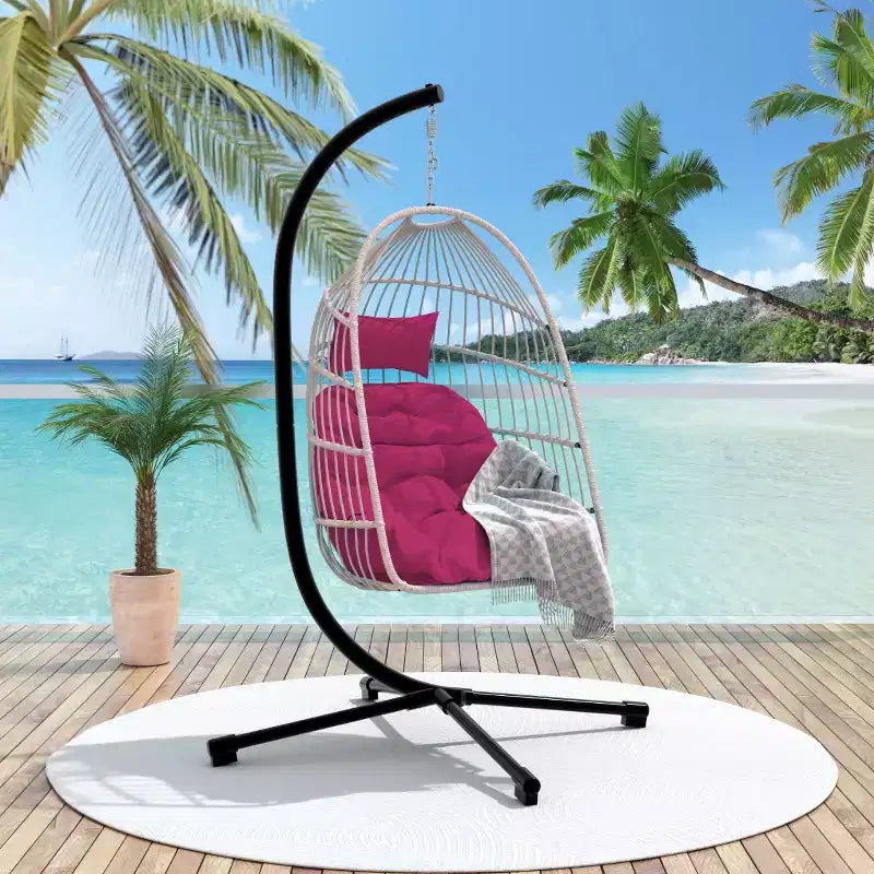 Okak Sedia a Uovo da Esterno con Supporto, Sedia Sospesa con Sedile in Rattan, Sedie da Portico con Cuscini per Cortile, Giardino, Patio