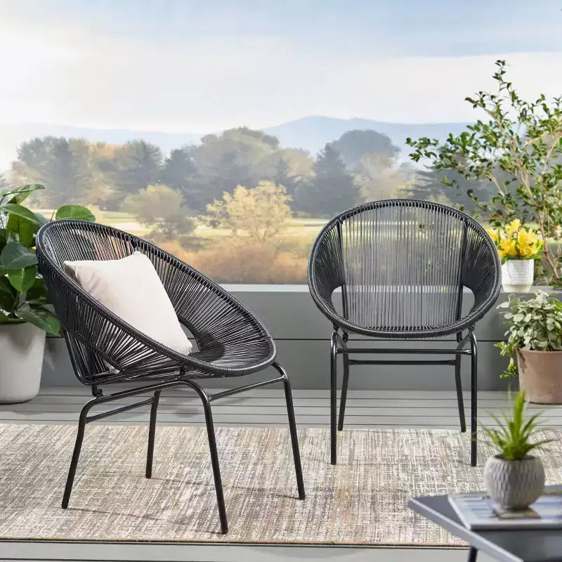 Sedia da esterno Okak con sedile e schienale a fune, set di 2, sedie da veranda con struttura in metallo dal design moderno, sedia da giardino per patio