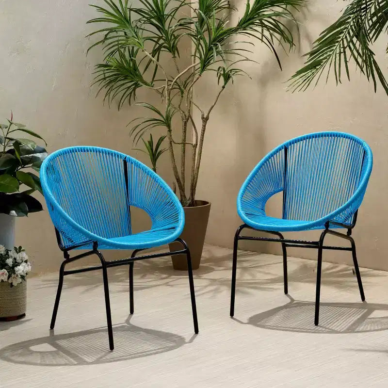 Sedia da esterno Okak con sedile e schienale a fune, set di 2, sedie da veranda con struttura in metallo dal design moderno, sedia da giardino per patio