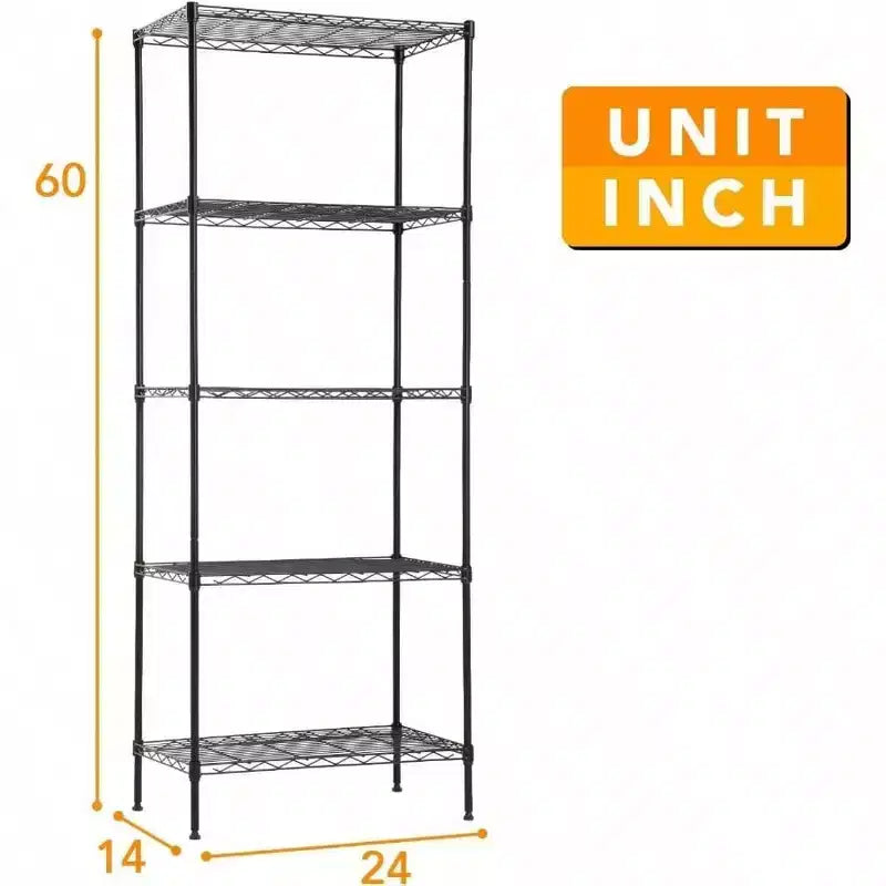 Scaffale in Metallo Nero a 5 Ripiani 14" P 24" L 60" A, Commerciale per Ristorante Garage Cucina