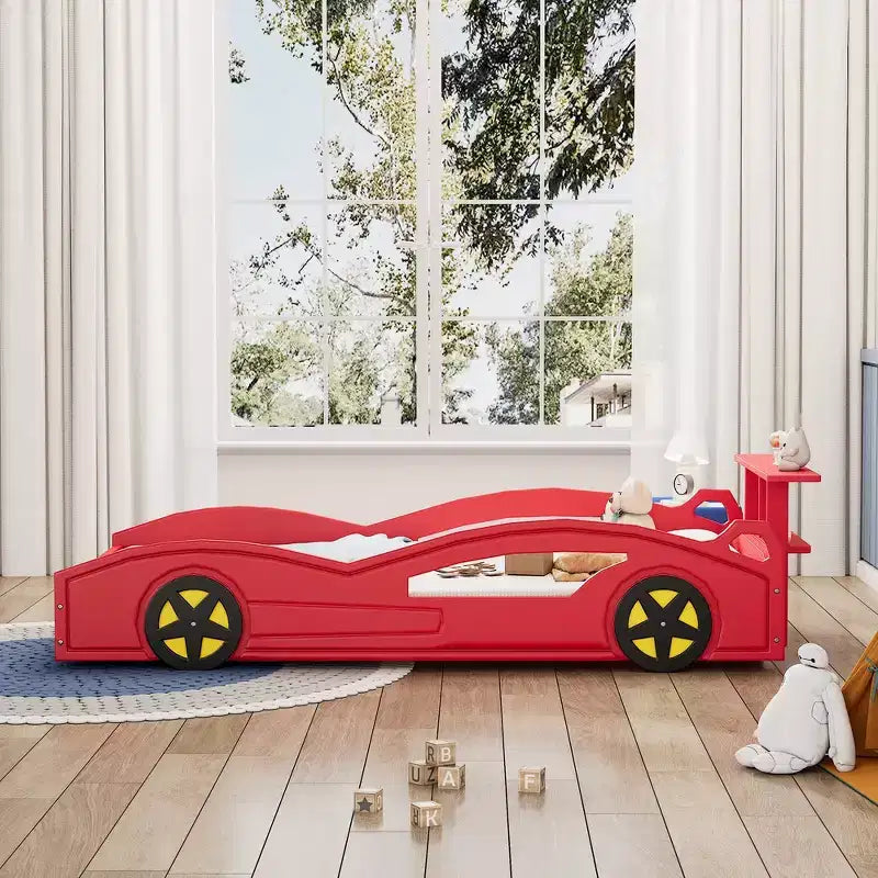 Whisen Twin Wooden Race Car Bed & Car-Shaped Platform Bed Frame with Wheels