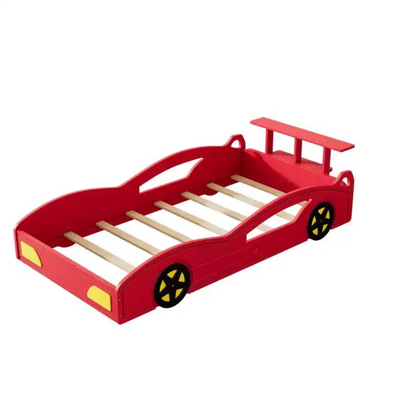 Whisen Twin Wooden Race Car Bed & Car-Shaped Platform Bed Frame with Wheels