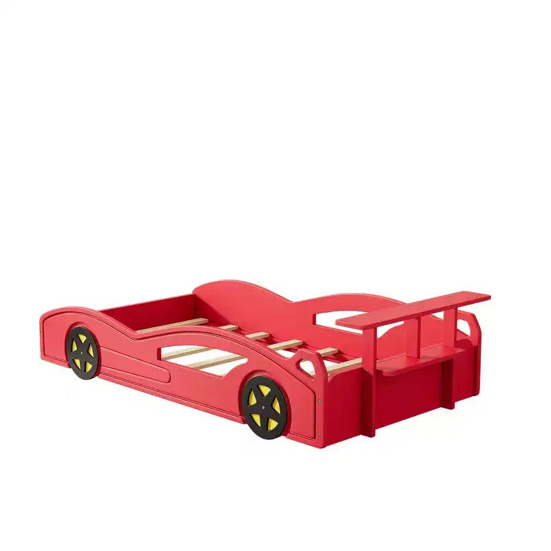 Whisen Twin Wooden Race Car Bed & Car-Shaped Platform Bed Frame with Wheels
