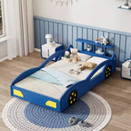Whisen Twin Wooden Race Car Bed & Car-Shaped Platform Bed Frame with Wheels