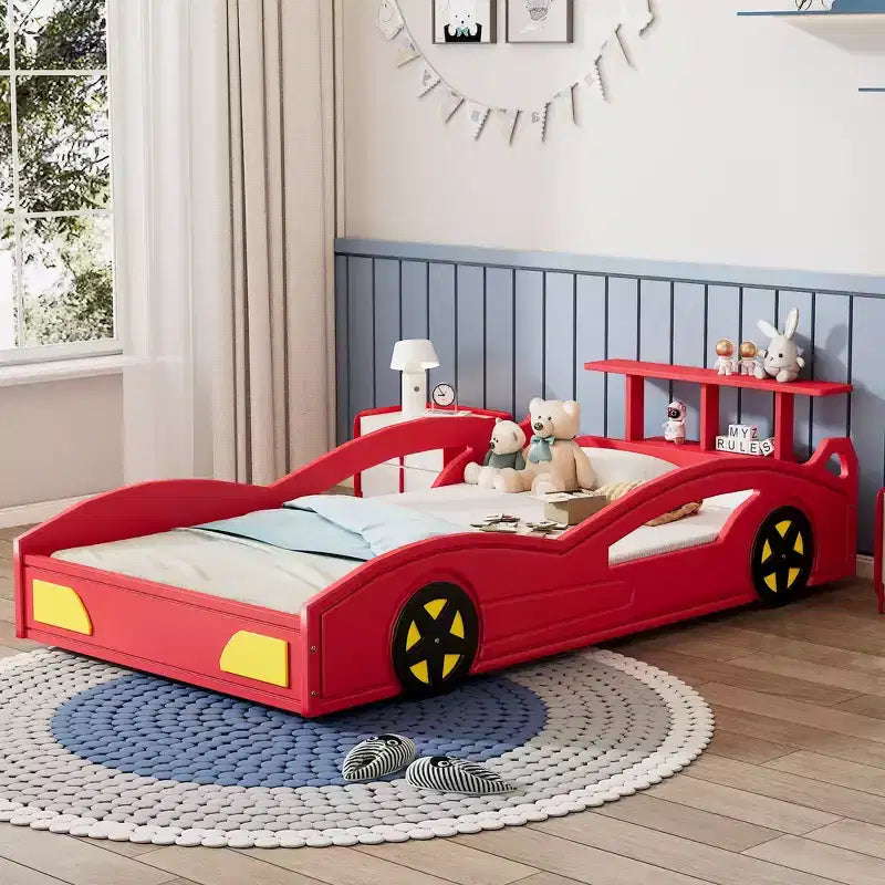 Whisen Twin Wooden Race Car Bed & Car-Shaped Platform Bed Frame with Wheels