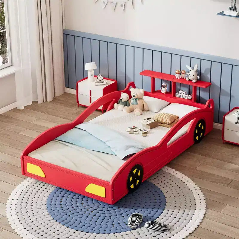 Whisen Twin Wooden Race Car Bed & Car-Shaped Platform Bed Frame with Wheels